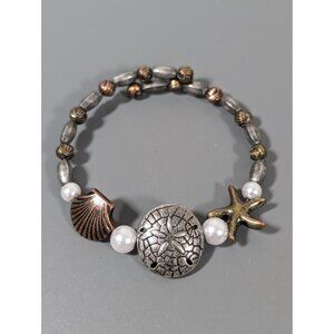 Mixed‎ Metal Beachy Bracelet Sand Dollar Starfish Shell Flex Wire 7" Boho